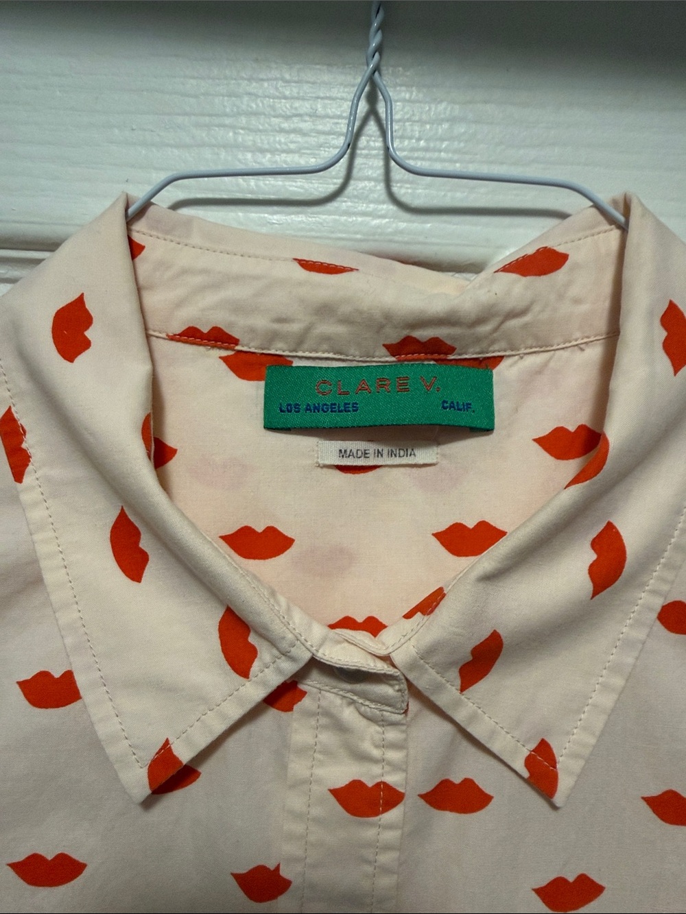 Clare V. Phoebe Button-Down Shirt with Red Lip Print - Women's Cream Shirt - Picture 3 of 6